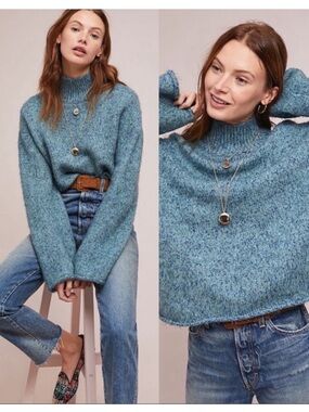 Anthropologie Moth Blue Sparkle Knit Tinsel Mock Neck Sweater